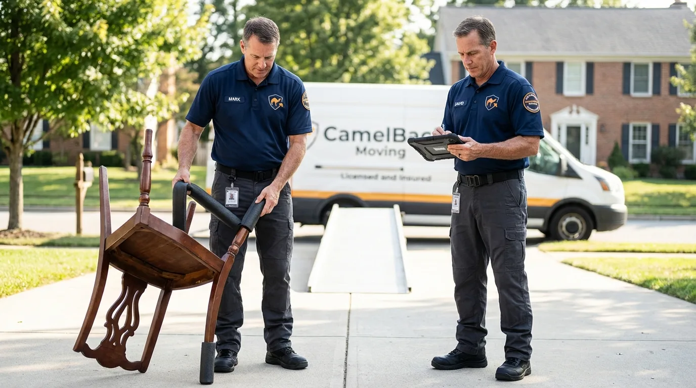 Movers inspecting furniture for damage prevention before loading in Hartford, CT