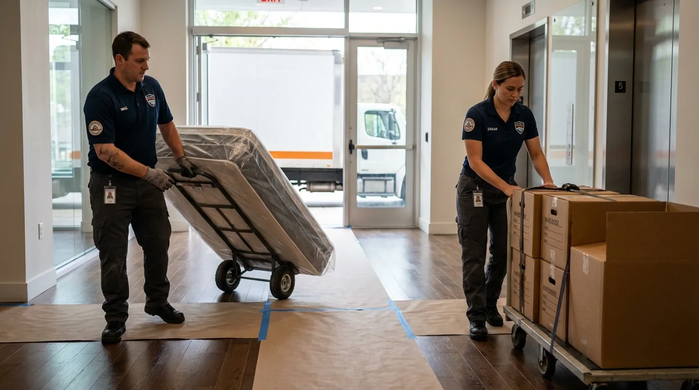 Professional apartment movers loading elevator in Hartford, CT